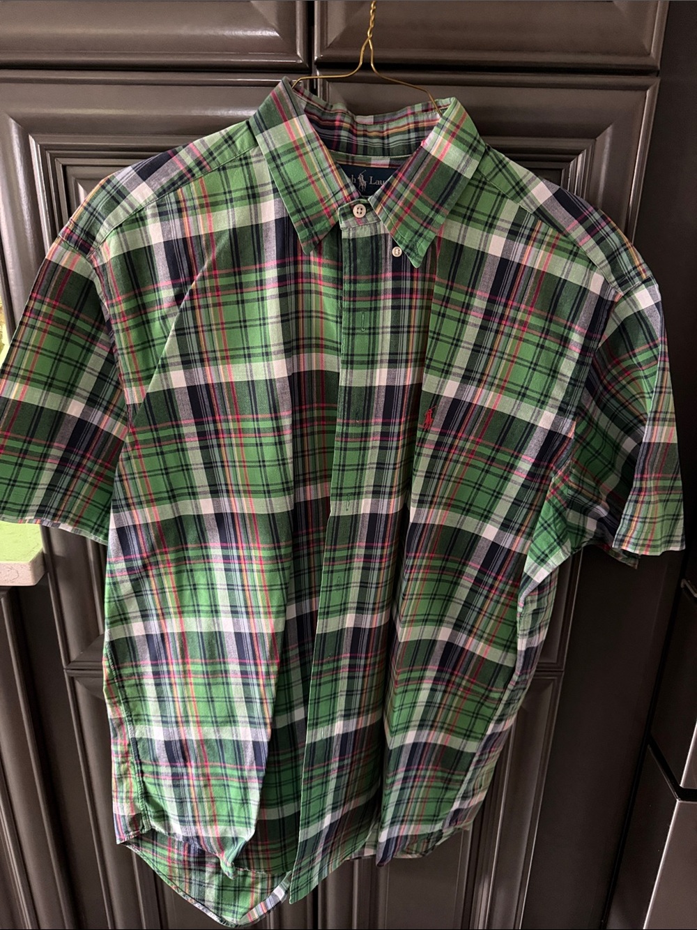 Polo by Ralph Lauren Green Plaid Short-Sleeve Button-Down Shirt with Red Accent